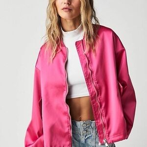 We The Free Pink Bomber Jacket with Ribbed Collar and Ruched Detailing